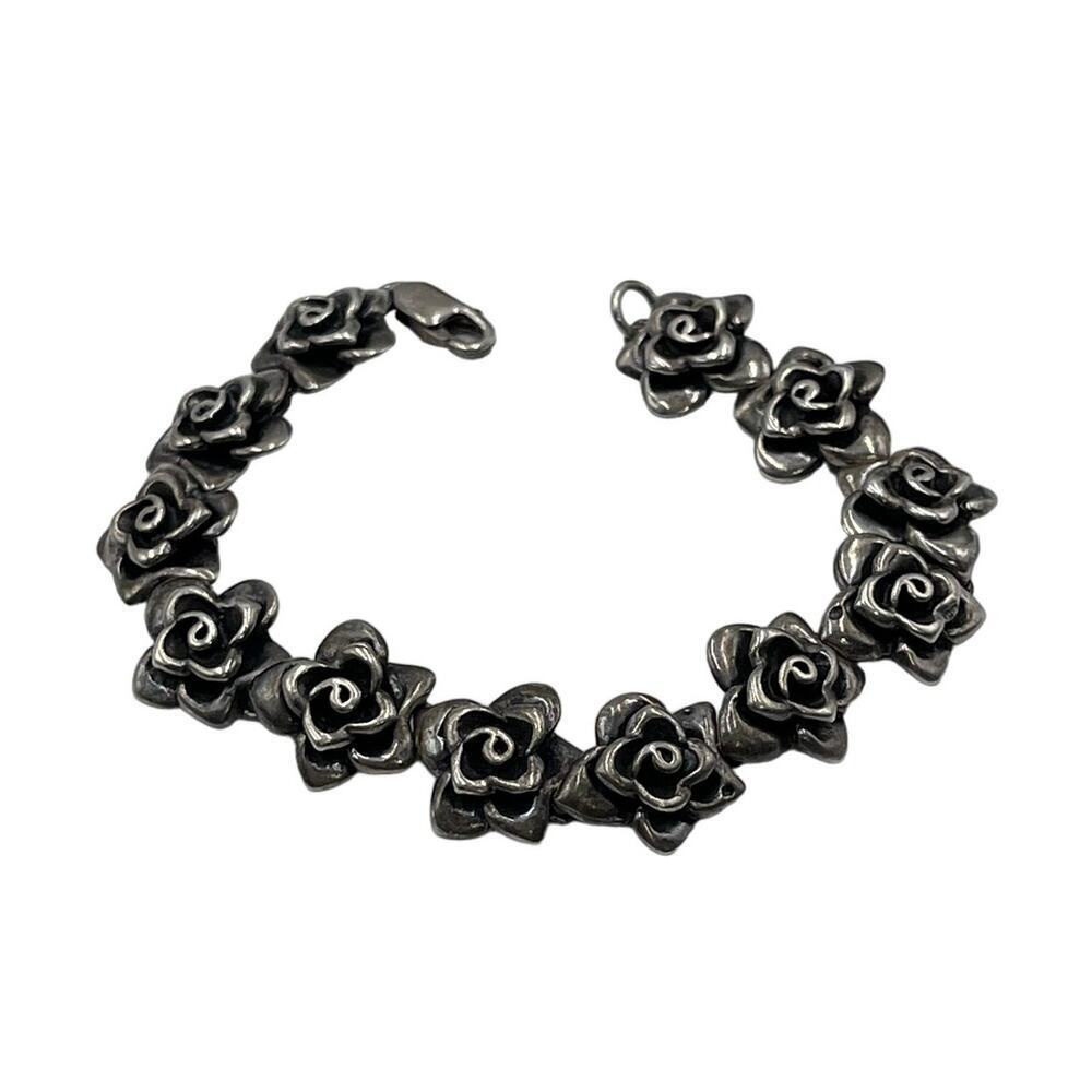 Sterling Silver Marked 925 Rose Flower Linked Feminine Oxidized bracelet‎ 22 Gr